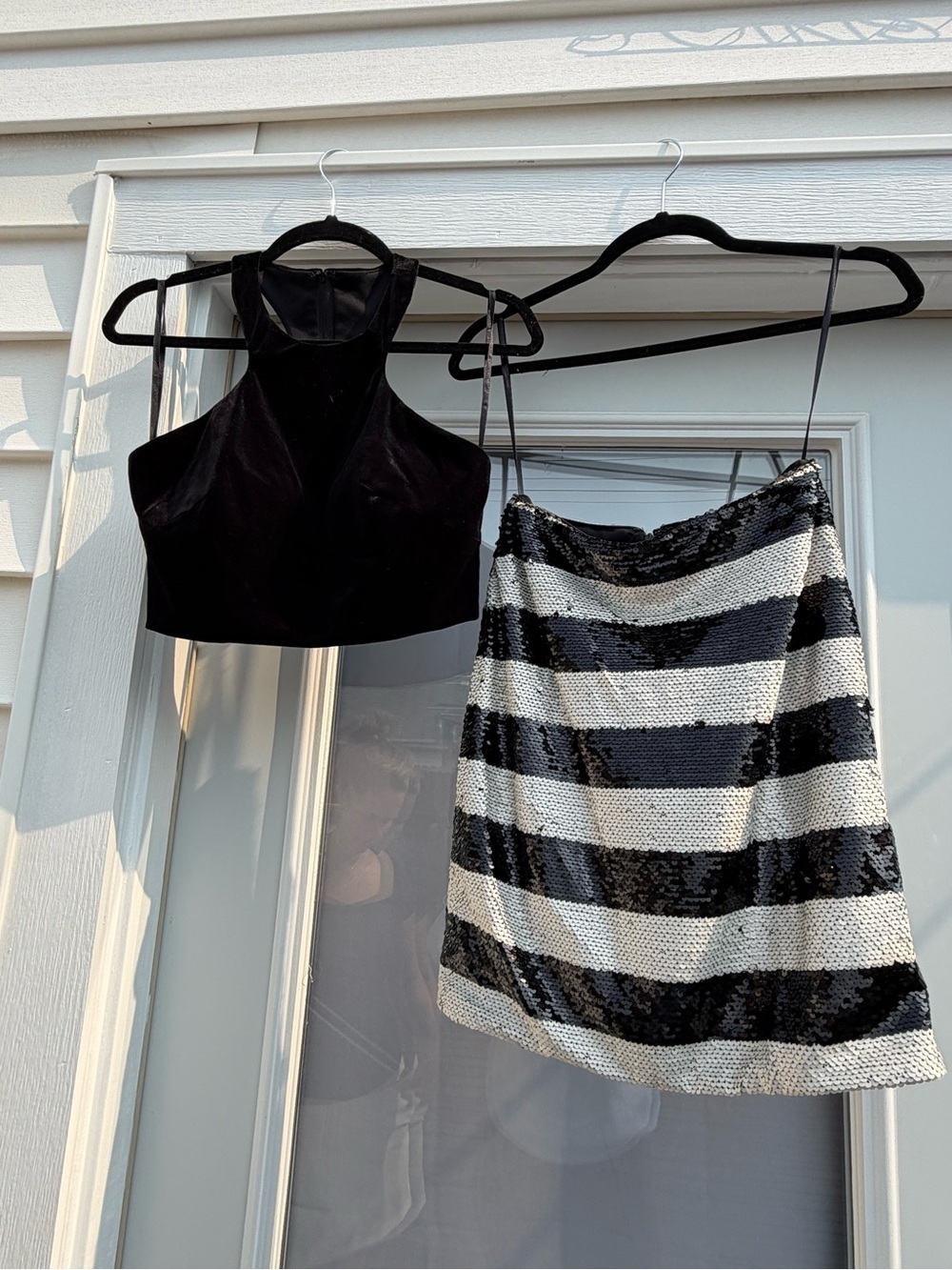 Nina Canacci Black Velvet Halter Top with Black & White Sequin Stripe Skirt